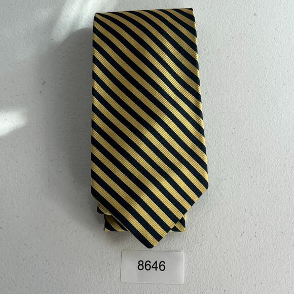 Brooks Brothers Makers Men's Neck Tie All Silk Striped Yellow & Navy Blue - Picture 6 of 8